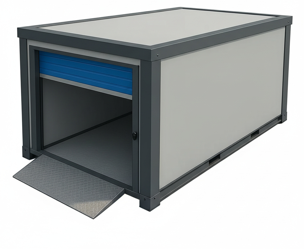 Alternate angle of Stronghold X7 insulated self storage unit in Linlithgow Alternate view of the Stronghold X7 insulated self storage unit at Boxxs Linlithgow, equivalent to a 20ft shipping container, secure for Bo’ness and West Lothian customers